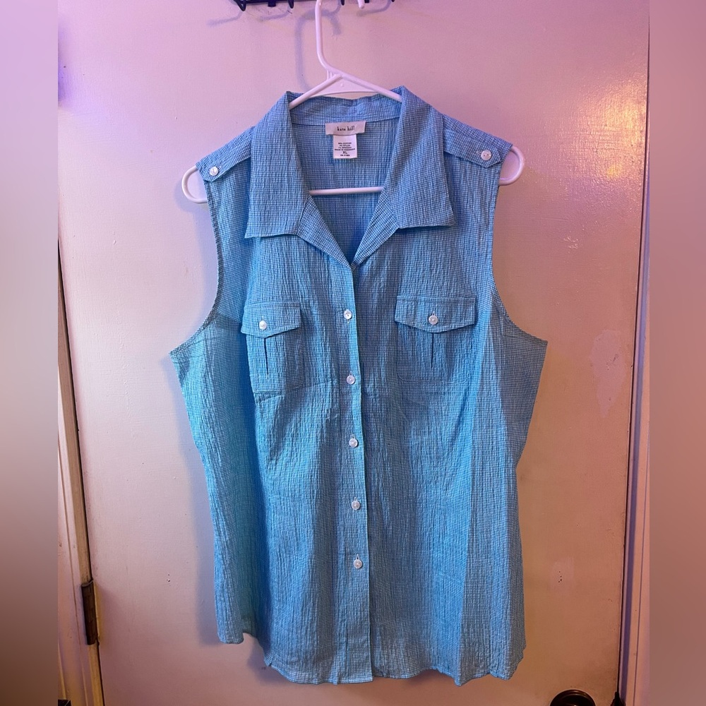 Kate Hill Turquoise Light Blue Checkered Sleeveless Button-Down Top 🩵 (XL)